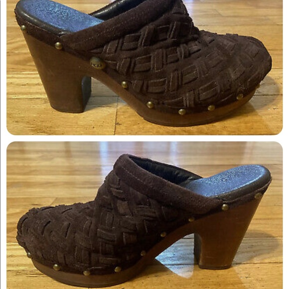 Ugg Womens Brown Woven Leather Clogs Stud Sheepskin Lined Wooden Heel - Picture 3 of 6